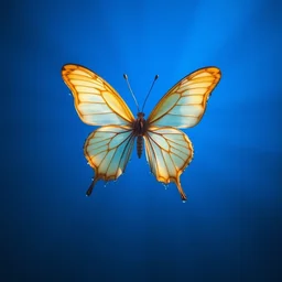 photo still of a water butterfly butterfly made of water, 8 k, studio lighting, blue radial gradient background, droplets on the edges