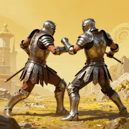 dynamic gladiator combat, in armor, deadly battle, unreal engine render, ideal proportions, yellow theme, high detail, very realistic, by greg rutkowski, by james gurney ultra clear detailed