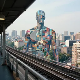 by ilya kuvshinov, by stephen gammell lively. a body art of a cityscape. the body art shows a view from an elevated train line of the city below.