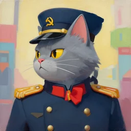 Portrait painting of an anthropomorphic gray cat wearing as Soviet leader, as an Overwatch character, medium shot, asymmetrical, profile picture, Organic Painting, sunny day, Matte Painting, bold shapes, hard edges, street art, trending on artstation, by Sergey Kolesov