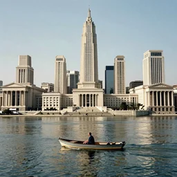 a man on a small boat on a river with fractal city by tarkovsky, neoclassical architecture, ancient high buildings, highly vertical classical temples, leica sl 2 3 5 mm