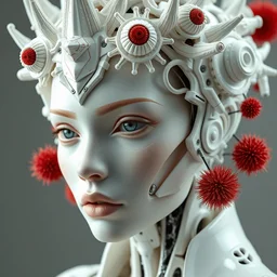 complex 3 d render hyper detailed ultra sharp beautiful futuristic close - up stunning biomechanical humanoid woman with carved porcelain ivory fair face, iris van herpen haute couture headdress with rhizomorph finials spires, white mecha, cyberpunk steel brackets, fractal red puffballs, octane render, dof, 8 k