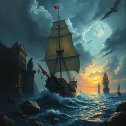 scifi explore journey, highly detailed surrealist painting, by michael divine by yvonne mcgillivray by michael divine by mandy jurgens by michael divine, moody color palette, very very very beautiful, pirate ship