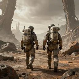 Two space soldiers walking on a dead alien world full of rocks, award winning, trending on artstation, unreal engine