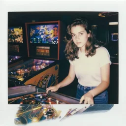 teenage woman playing pinball in a pinball parlor, 1 9 8 0 s, polaroid, flash photography, kodachrome, camera positioned slightly behind pinball machine looking toward front of woman, pinball lights illuminate face