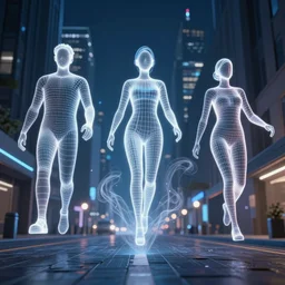 3 d wireframe of city street humans floating fibres and vapour in the air, dark blues, and glowing whites, full colour, hyper realistic photo, unreal engine, upscale, 8 k, masterpiece,