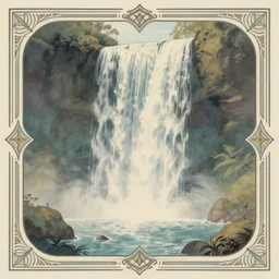 retro future art waterfall by jean - baptiste monge, design border lines, decorations, muted colors