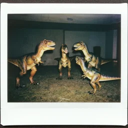 polaroid of three velociraptors playing uno, film grain