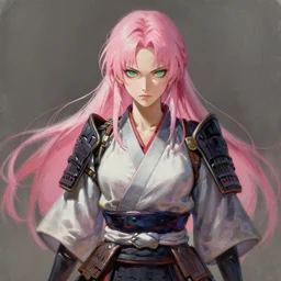painting by krenz cushart!!, full body of a samurai girl with pink hair and green eyes, stern look, finely detailed features, intricate brush strokes, beautiful lighting, trending on pixiv fanbox.