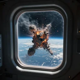 an high resolution photo of a window on a spaceship looking down to earth getting destroyed by a meteorite, photography, movie still, hyper realism, 4 k, dramatic lighting, cinematic, cinestill