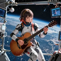 cinematic picture of aloy from the horizon zero dawn videogame playing the guitar in the international space station, digitla art trending on artstation