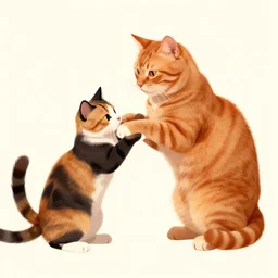 an orange cat and tortoiseshell cat playing, digital art, art nouveau