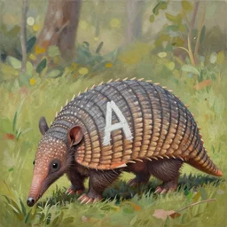 a painting of an armadillo playing with the letter alpha drawn on its back