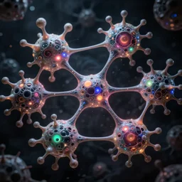 quantum connections represented as symbiotic organisms like cells playing around with colorful lights by ernst haeckel, smooth, sharp, dark