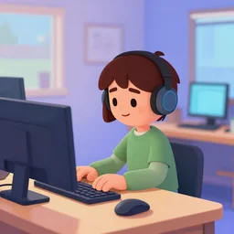 low - fi character, pixar style, computer programmer working at computer