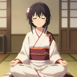 isekai cute anime girl meditating in kimono, stylized, beautiful lineart, depth focus, rankings pixiv, artstation, procreate, soft lighting, srgb, 4 k artstation, hdr, cinematic, by kadokawa, nitroplus, mihoyo, kodansha, shogakukan