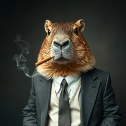 a photo of a capybara wearing a suit ( ( ( smoking a cigar ) ) )