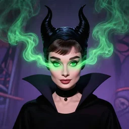 portrait of audrey hepburn as malefica, green smoke leaving his empty eyes, mattepainting concept blizzard pixar maya engine on stylized background splash comics global illumination lighting artstation lois van baarle, ilya kuvshinov, rossdraws