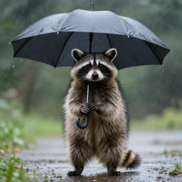 raccoon with umbrella in the rain