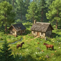 dream render of a gorean homestead in the woods, authentic architectural lines and detail, lush, various shades of green, many wildflowers, spring, creek, a horse, cows, chickens, matte painting, digital painting, art by patrick moncrief, 3 d, environment visualization, games, animation, video games, aaa