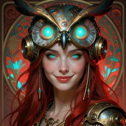 the goddess artemis smirking, owl helmet, steampunk, glowing eyes, volumetric lights, red and cyan theme, art nouveau botanicals, intricate, highly detailed, digital painting, artstation, concept art, smooth, sharp focus, cinematic, illustration, beautiful face, art by artgerm and greg rutkowski and alphonse mucha