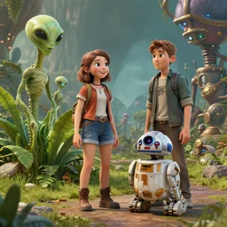 a girl and a boy standing next to some alien plants, looking happy, their pet droid is nearby, in a park on a alien planet, steampunk setting, ultra realistic facial details, enhanced faces, ultra photorealistic raytracing, trending on artstation, 8k