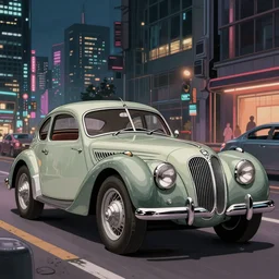 1935 BMW M1 Stratos,  city in anime cyberpunk style by Hayao Miyazaki