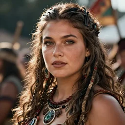 hyper realistic photography portrait of pagan medieval tribal festival warrior curvy partygirl face cinematic, julie bell,