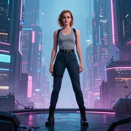 Emma Watson full body shot, the background is a huge futuristic city, cyberpunk style futuristic neon lights, artstation cgsociety masterpiece highly-detailed