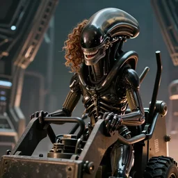 portrait of curly kate beckinsale operating power loader, alien movie screenshot, alien structure background, realistic, 4 k, giger art