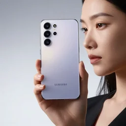 a woman holding the new samsung galaxy s90 phone, concept art, photography