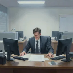 a boss man looking angry at desk, airbrush painting, pale, inside an office, wide shot,