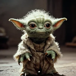 A singular creature mix between Gollum and Yoda, center frame medium shot, shot on technicolor cinemascope 35mm anamorphic lense, flare, film grain, still from a 1980's movie