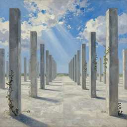 world of only concrete, a flat endless plane of concrete covered in thin, very tall concrete pillars that go on to the horizon, vines growing on the pillars, open sky, blue sky with clouds, god rays, beautiful painting, oil on canvas, by Ewa Czarniecka, award winning masterpiece,
