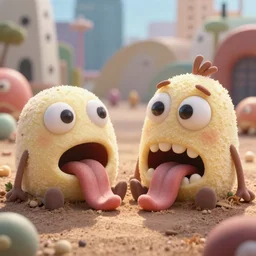 of a sparse sunny dessert with strange cute friendly sad creatures with huge eyes, mouth, long tongues and round teeth forming from the ground, in the style of gehry, macro lens, shallow depth of field, highly detailed, digital painting, trending artstation, concept art, illustration, cinematic lighting, vibrant colors, photorealism, epic, octane render