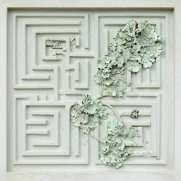thin lines, fractals, lichen macro, joe fenton, serpentine twisty maze, carved soapstone ceiling relief paneling white and pale green