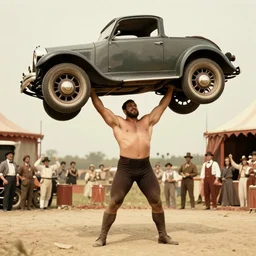vintage photo of a 1 9 2 0's circus strongman lifting a car, digital art