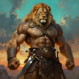 muscular lion as barbarian hunter  with chest armor long hair oversized muscle and shiny sword , full human oversized mutant proportions hairy body , backlight  body , extreme very textured detailed panoramic portrait oil painting by rembrandt, sunset, dramatic clouds and cyan atmosphere