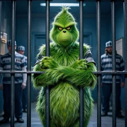 The Grinch in maximum security prison behind bars, movie poster, indoors, highly detailed, portrait, 8k, smooth, gritty, action movie, rated R