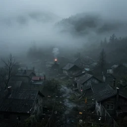 creepy town covered in heavy fog, highly detailed, 4k, HDR, award-winning, octane render, artstation