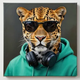 a photorealistic canvas painting of a leopard wearing black sunglasses, a teal green hoodie and headphones around his neck. hyper detailed. this 4 k hd image is trending on artstation, featured on behance, well - rendered, extra crisp, features intricate detail, epic composition and the style of unreal engine.