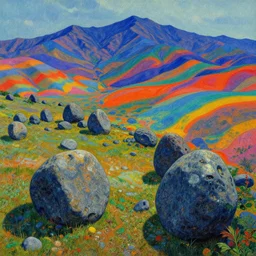 A psychedelic stone landscape with mountains the background, vibrant color scheme, highly detailed, in the style of romanticism, cinematic, artstation, Moebius, Greg rutkowski