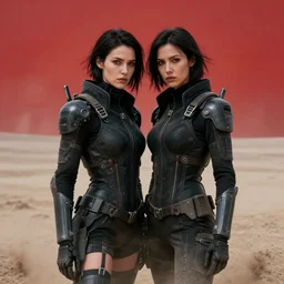 cinestill 5 0 d photographic portrait of two loving female androids wearing rugged black techwear on a desolate plain with a red sky, extreme closeup, cyberpunk style, garters, body suits, dust storm, 8 k, hd, high resolution, 3 5 mm, f / 3 2, ultra realistic faces, ex machina
