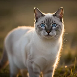 a light gray cat with dark gray specks and blue eyes, medium shot, backlighting, golden hour, by Kenne Gregoire
