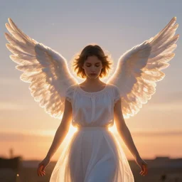 centered  waist up portrait photography an angel + glowing outlines, dissolve to energy particles of light + bokeh + strong DOF + 8k, photorealistic + composition by Peter Mohrbacher , ultra realistic + backlit + strong rimlight, sunset + HDRI, HD, Photoreal