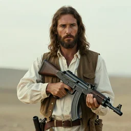 jesus christ holding a thompson submachine gun, movie still, cinematic lighting, 4 k