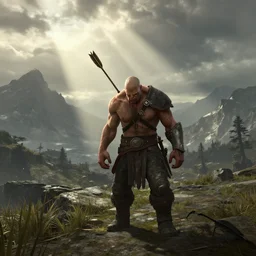 lonely ork warrior hit with an arrow in the shoulder and is bleeding, desolated mountains in the distance, cloudy atmosphere, rod rays, realistic, in gta v, stephen bliss, unreal engine, fantasy art by greg rutkowski, loish, rhads, ferdinand knab, makoto shinkai and lois van baarle, ilya kuvshinov, rossdraws, tom bagshaw, global illumination, radiant light, detailed and intricate environment