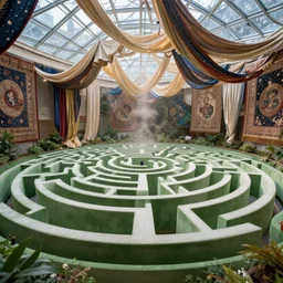 queens polygonal garden with giant maze walls and glass ceilings showing the stars and hanging silk drapery and tapestries, light dust, magnificent, close up, details, sharp focus, elegant, highly detailed, illustration, by Jordan Grimmer and greg rutkowski and PiNe(パイネ) and 薯子Imoko and 香川悠作 and wlop and maya takamura, intricate, beautiful, Trending artstation, pixiv, digital Art