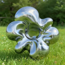 chrome blob in spring meadow prairie, kinetic art, biomorphic, made of liquid metal, polycount, physically based rendering