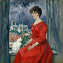 woman in vermillion dress and white cat with city with gothic cathedral seen from a window frame with curtains. thunderstorm. bonnard, henri de toulouse - lautrec, utamaro, matisse, monet